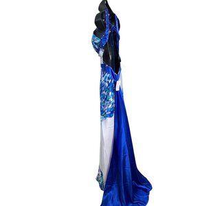Morgan & Co Blue & White Halter Maxi Dress With Rhinestone Details & Open Tie-Ba